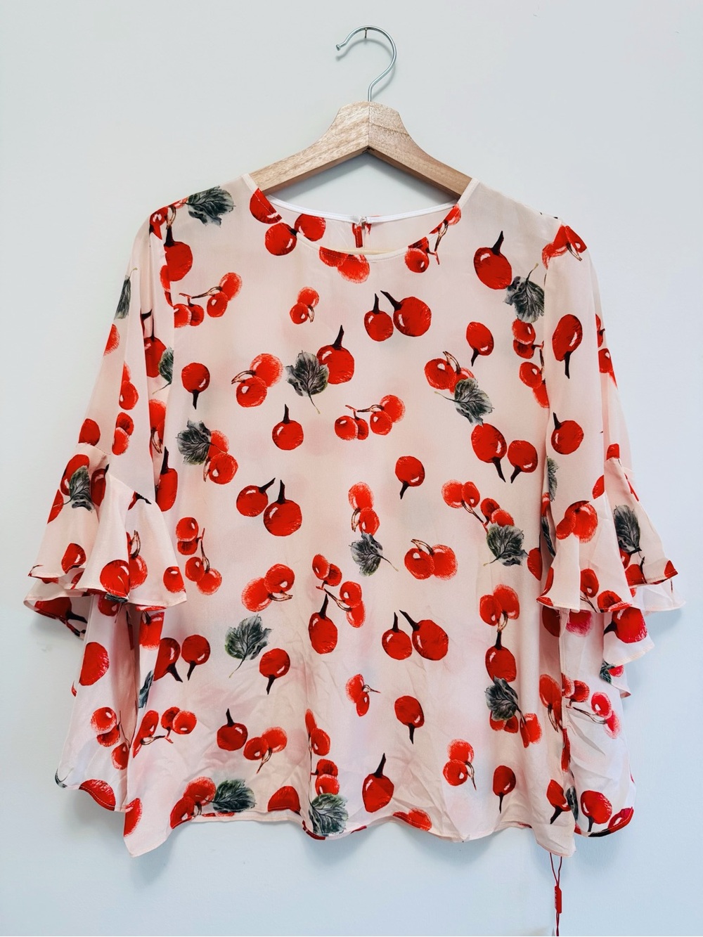 100% Silk Cherry Print Ruffle Sleeve Blouse